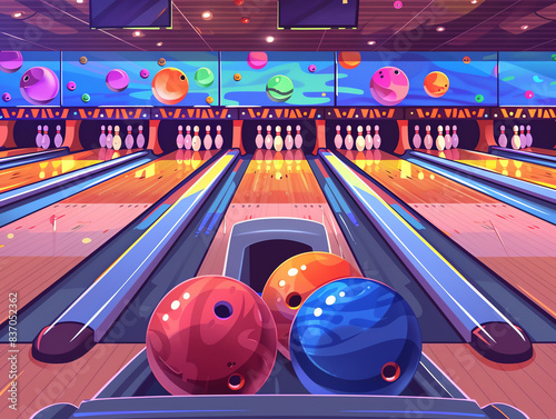 An illustration of a bowling alley with three bowling balls in the foreground and the pins set up in the background. Generative ai.