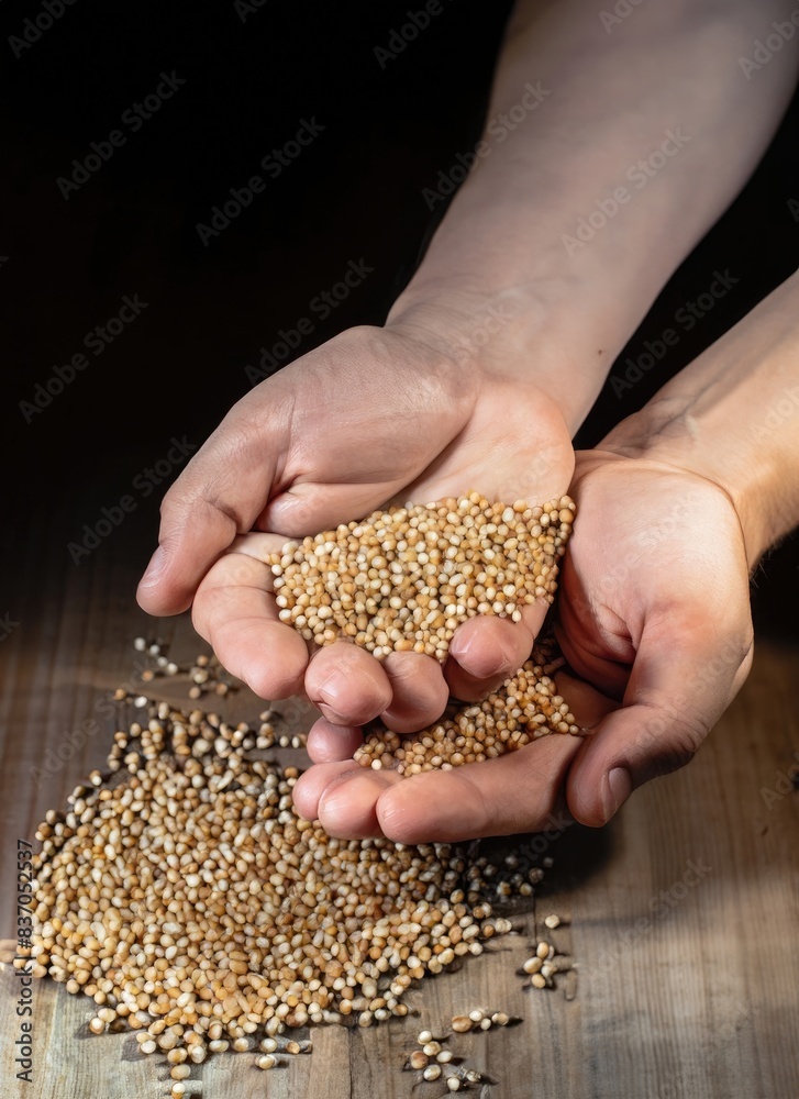 hands with handful of sorghum hands with handful of sorghum