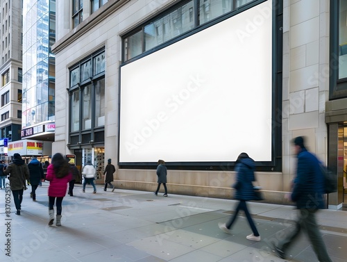 Blank Billboard on Downtown Building Wall with Pedestrians Passing By photo