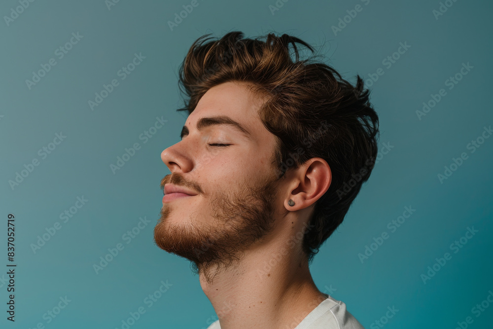 Obraz premium A close up of a man with beard and closed eyes looking to a side