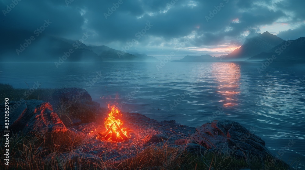 Serene Coastal Landscape with Campfire by the Water at Dusk with Misty Mountains and Dramatic Clouds Reflecting on the Lake Surfacecampfire