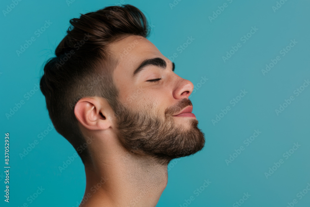 Fototapeta premium A close up of a man with beard and closed eyes looking to a side