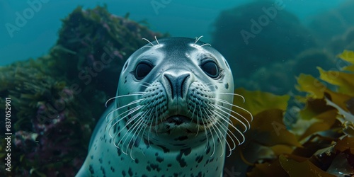closeup of a cute seal smile face under the sea