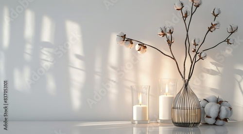 Minimalist White Wall Background with Delicate Cotton Branches and Softly Lit Candles, Creating an Exquisitely Elegant and Serene Atmosphere for Product Photography, Where the Clean Lines of the Simpl