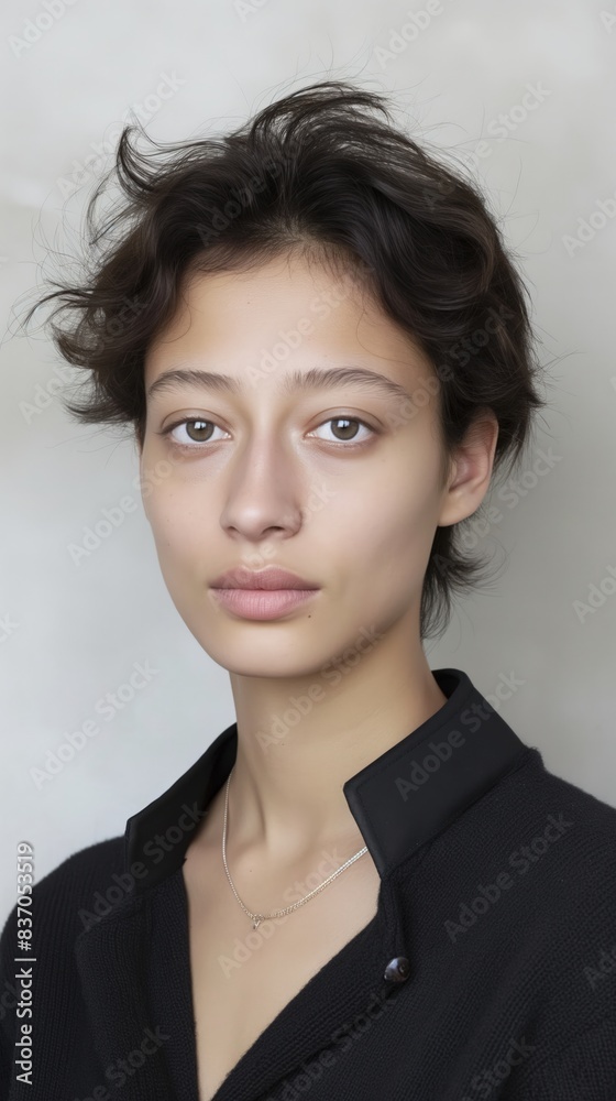 Portrait of a young woman with short wavy hair wearing a black shirt Portrait of a young woman with short wavy hair wearing a black shirt