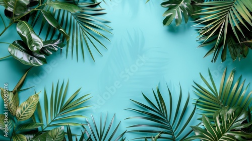 Green tropical palm leaves from above - flat light blue color, Copy space 