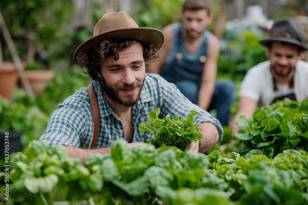Caucasian men harvesting vegetables in a community garden, concept of teamwork and local farming Caucasian men harvesting vegetables in a community garden, concept of teamwork and local farming