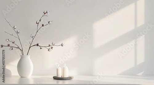 Minimalist White Wall Background with Delicate Cotton Branches and Softly Lit Candles, Creating an Exquisitely Elegant and Serene Atmosphere for Product Photography, Where the Clean Lines of the Simpl