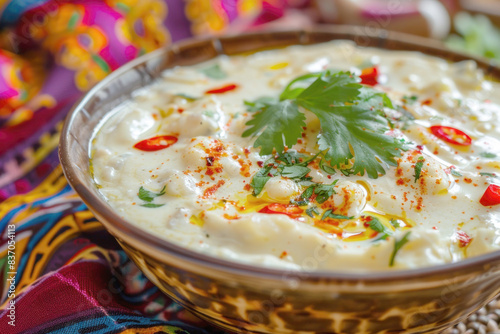 Ema Datshi with Creamy Cheese and Vibrant Chili Peppers, Garnished with Fresh Cilantro in a Colorful Bhutanese Festival Setting photo