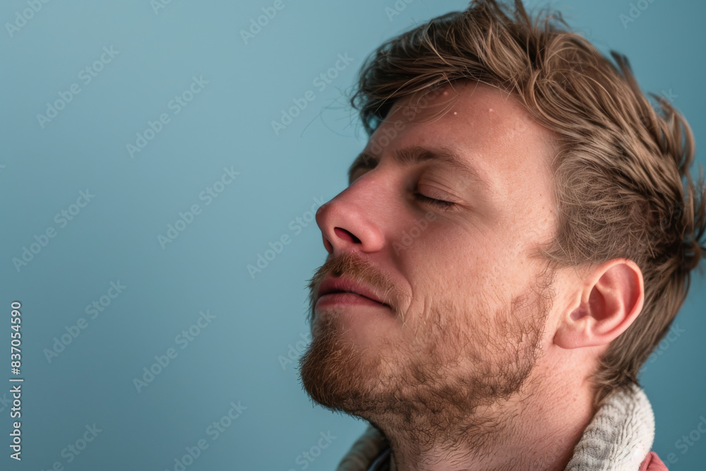 Obraz premium A close up of a man with beard and closed eyes looking to a side