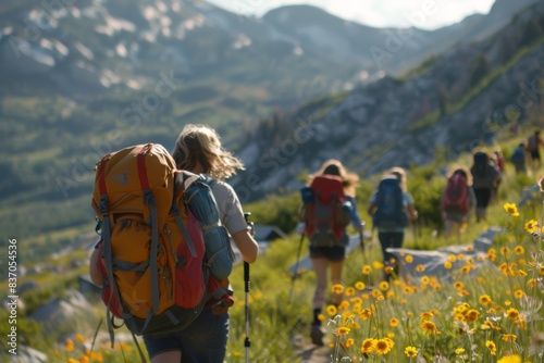 Group of Friends Hiking Mountain Trail with Backpacks in Summer, Promoting Adventure and Fitness