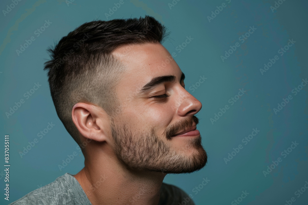 A close up of a man with beard and closed eyes looking to a side A close up of a man with beard and closed eyes looking to a side