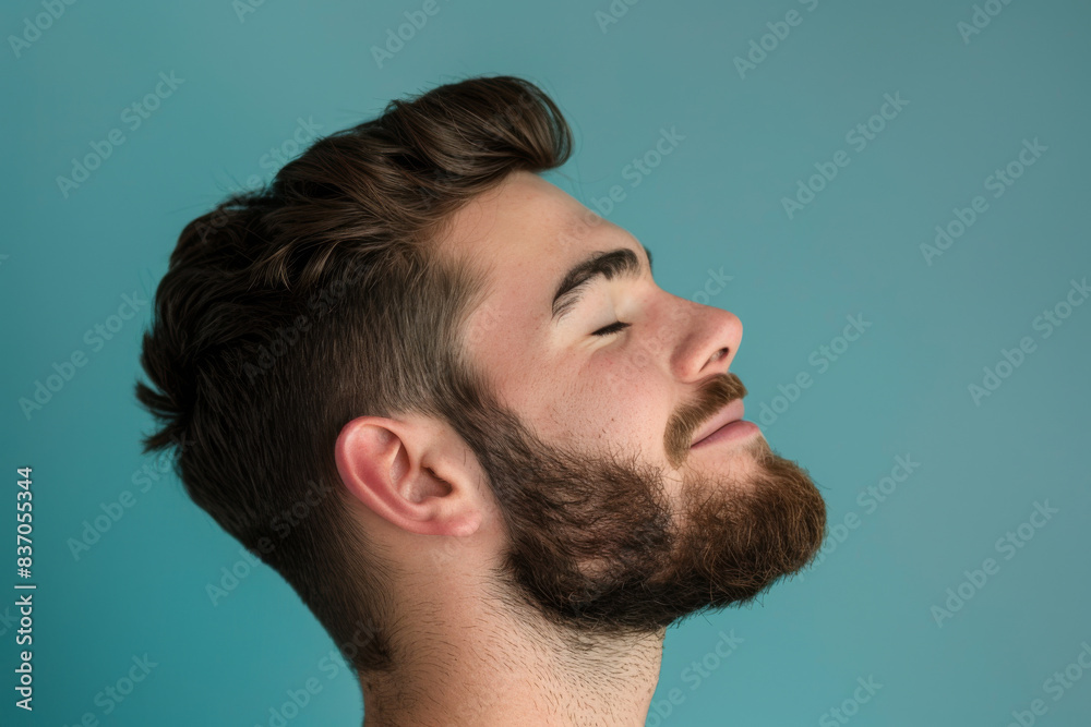A close up of a man with beard and closed eyes looking to a side