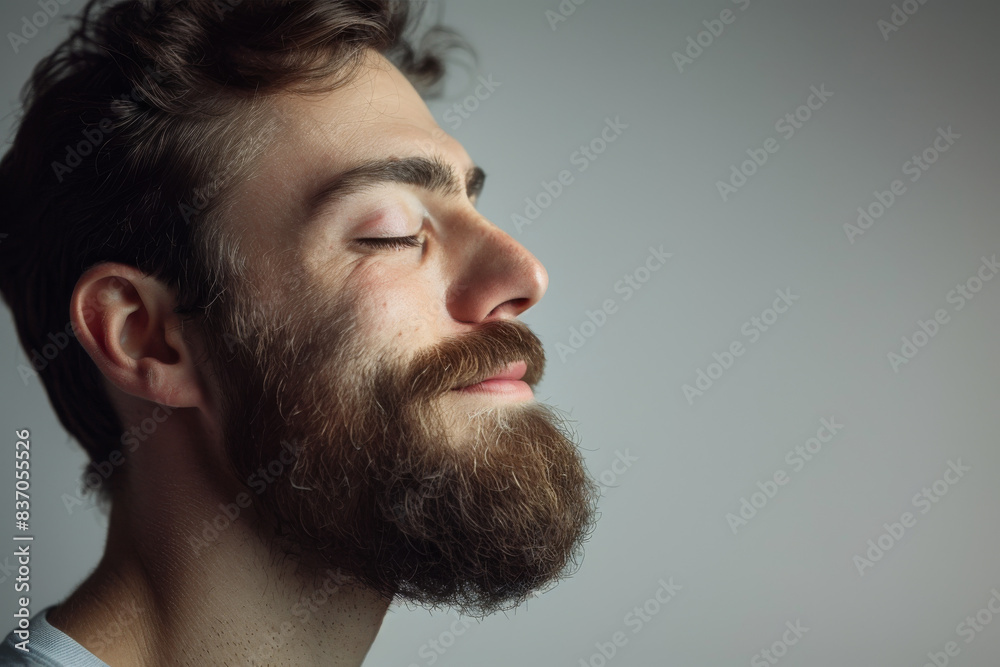 Fototapeta premium A close up of a man with beard and closed eyes looking to a side