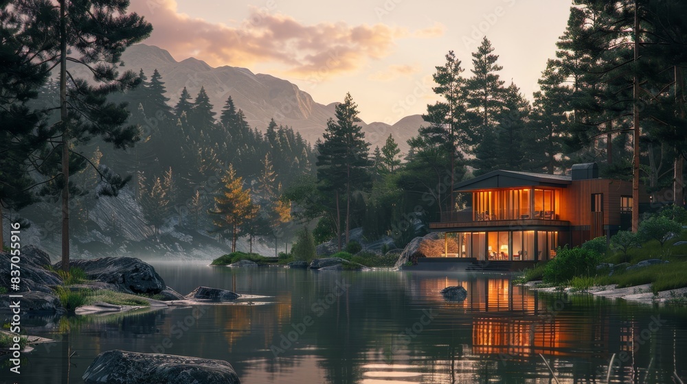 Fototapeta premium Tranquil, mountain retreat with a modern cabin surrounded by towering pines and a clear lake generated by AI