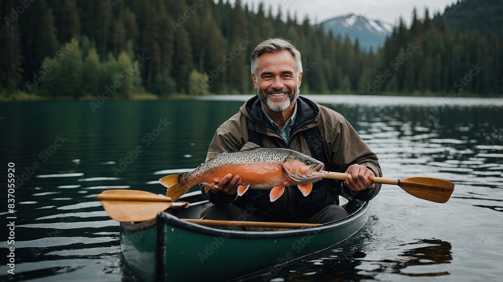 Close up portrait of smiling adult man in canoe holding salmon fish in middle of lake
