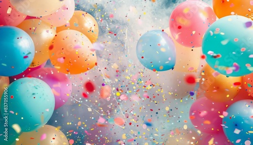 Colorful balloons and confetti for a festive celebration.