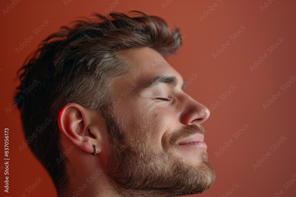 Obraz premium A close up of a man with beard and closed eyes looking to a side