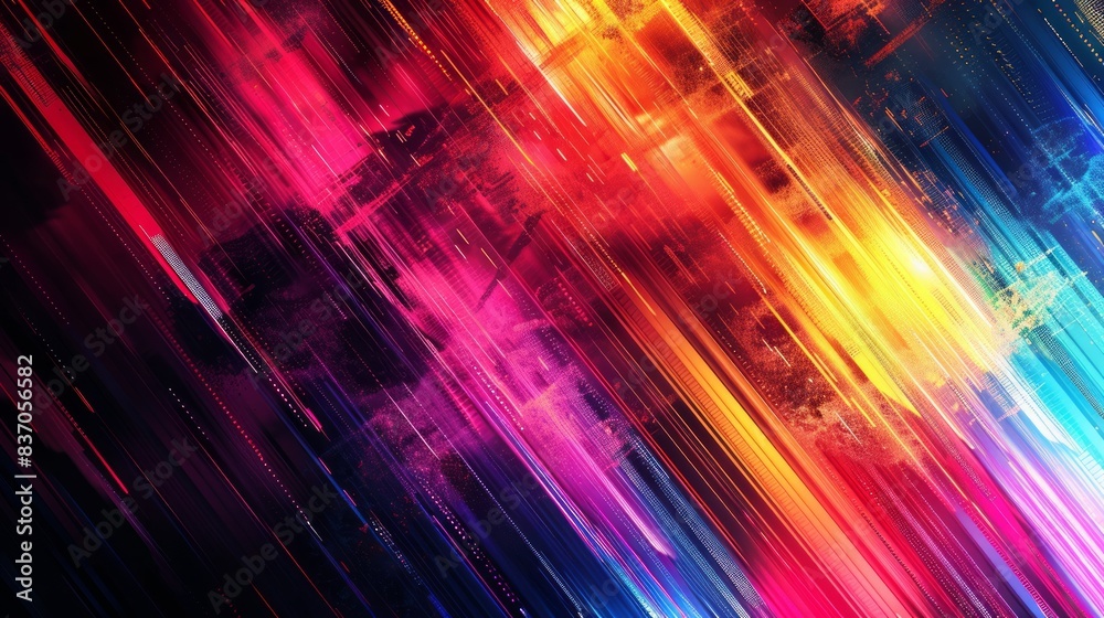A dynamic digital glitch background showcasing bright, neon colors against a black backdrop.