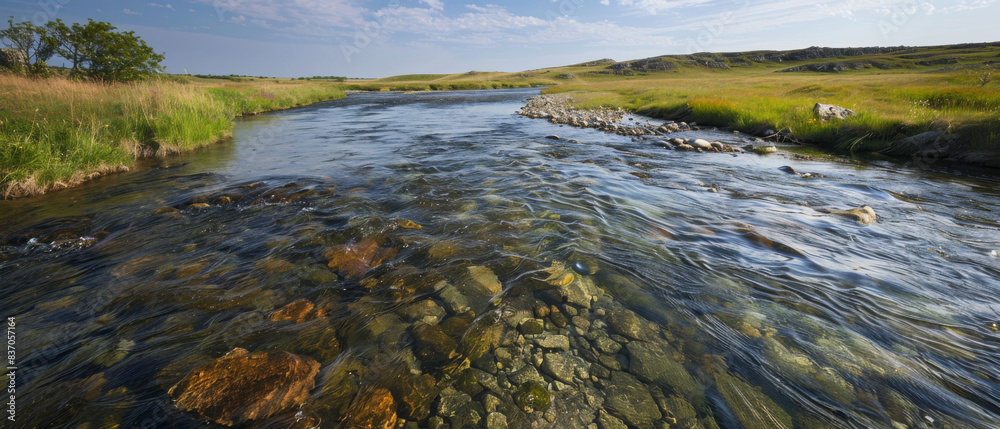 A river with a rocky bottom and a green grassy bank A river with a rocky bottom and a green grassy bank