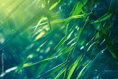 close-up view of green grass with sunlight filtering through the blades creating a bright and fresh scene