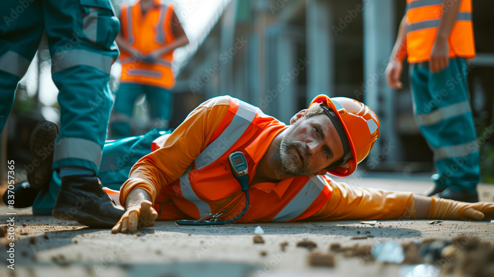 Colleague performing CPR on an injured worker lying on the ground after