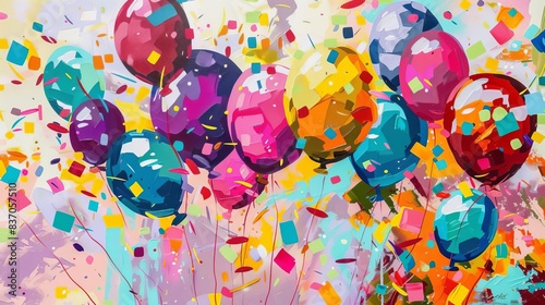 Colorful balloons with confetti, abstract painting art.