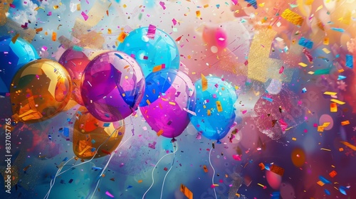 Colorful balloons and confetti create a festive celebration atmosphere.