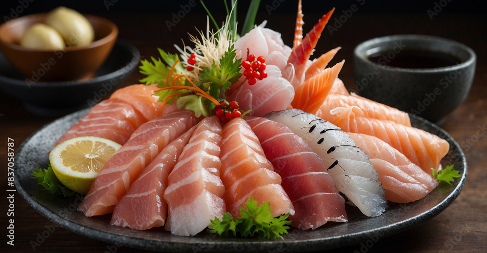 The sasimi dish is served on a plate The sasimi dish is served on a plate