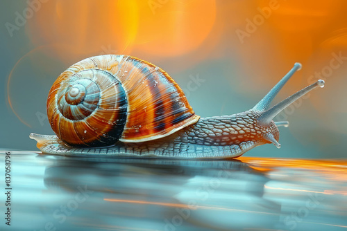 Witness the real motion blur of a speeding snail captured in a close shot. AI generative.