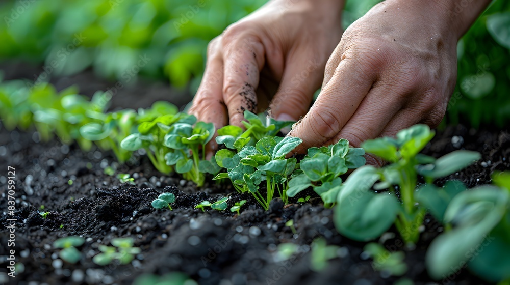 Hands gently planting seedlings in a vegetable garden, showing rich soil and green sprouts Hands gently planting seedlings in a vegetable garden, showing rich soil and green sprouts