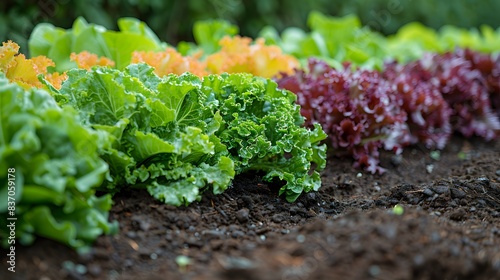 A vibrant vegetable garden with rows of lettuce, kale, and other leafy greens growing under the sun
