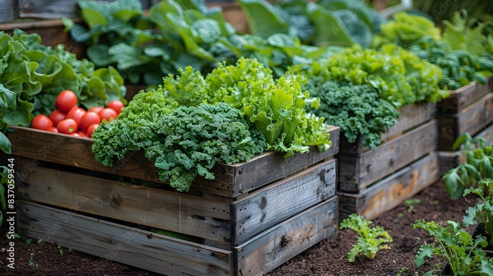 A backyard vegetable garden with raised beds overflowing with various homegrown vegetables A backyard vegetable garden with raised beds overflowing with various homegrown vegetables