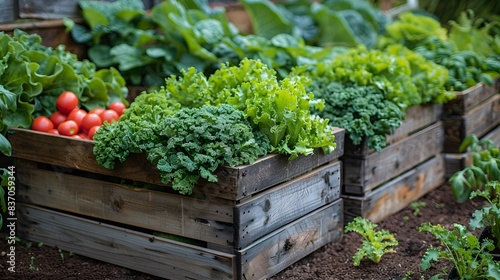 A backyard vegetable garden with raised beds overflowing with various homegrown vegetables