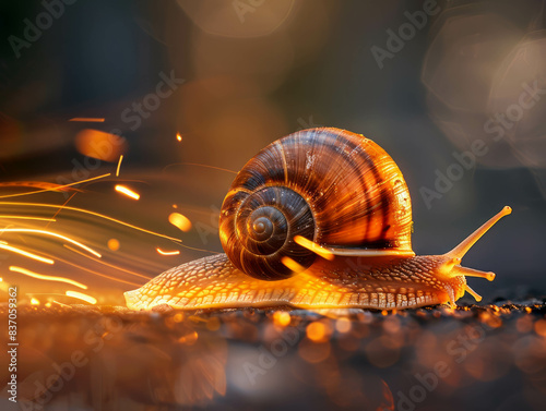 Discover the swift pace of a snail's journey in this realistic close-up photo with motion blur. AI generative.