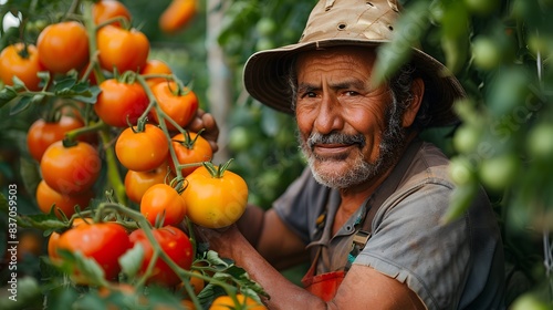 A gardener pruning tomato plants laden with ripe and unripe tomatoes in a home garden