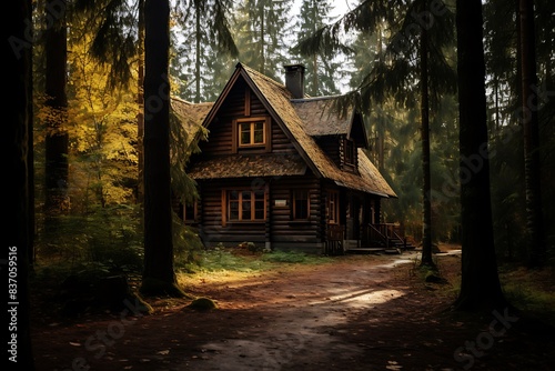 Serene Wilderness Cabin in Majestic Forest Trees © SS GRAPHICS