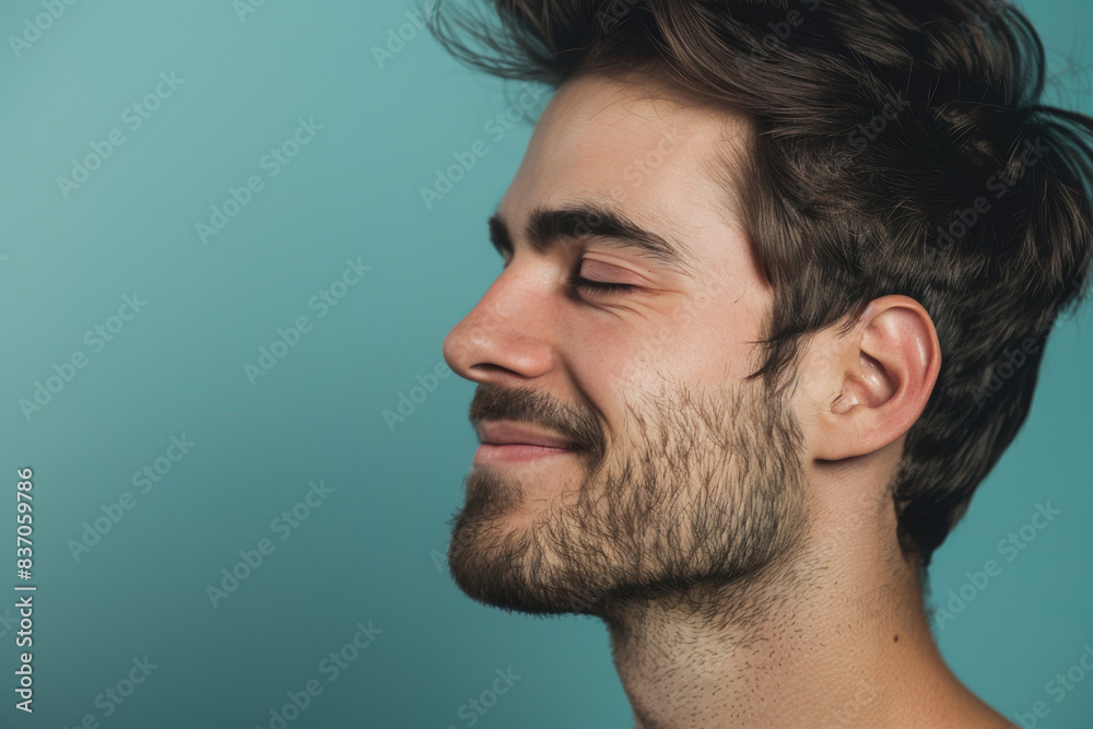 A close up of a man with beard and closed eyes looking to a side A close up of a man with beard and closed eyes looking to a side