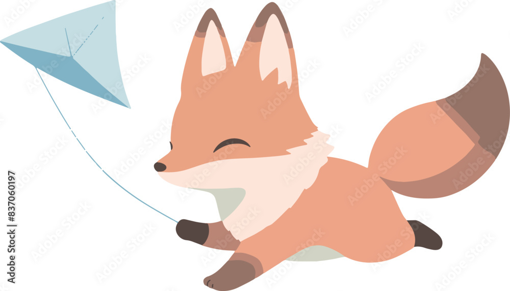 Obraz premium Cartoon fox flying a kite together