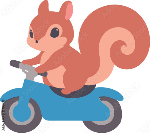 a squirrel riding on a motorbike with his tail in the air