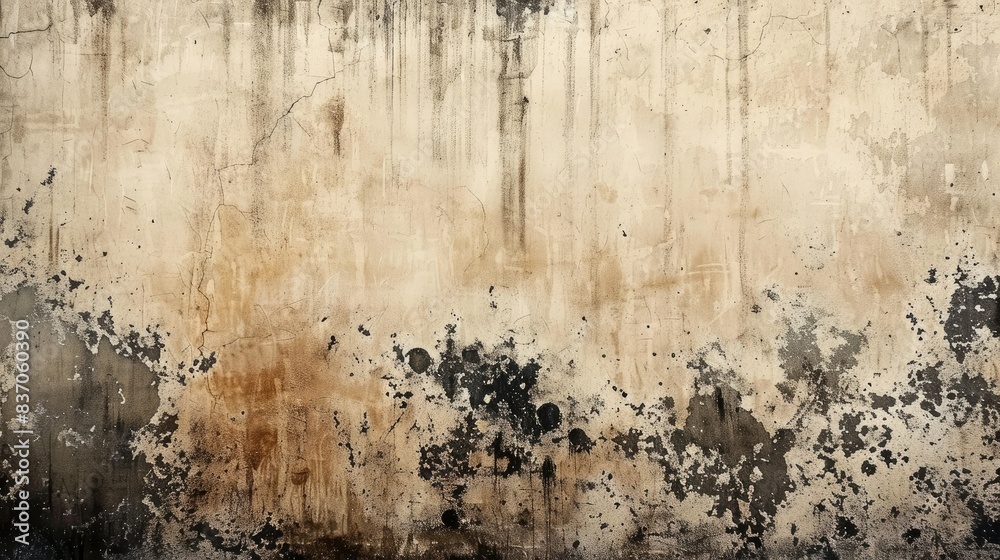 Fototapeta premium Rustic beige wall with rough textures and dark grunge marks