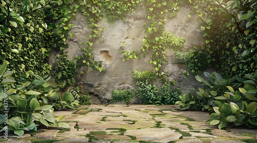 natural floor and wall background with stone floors and green, leafy walls for an eco-friendly  photo