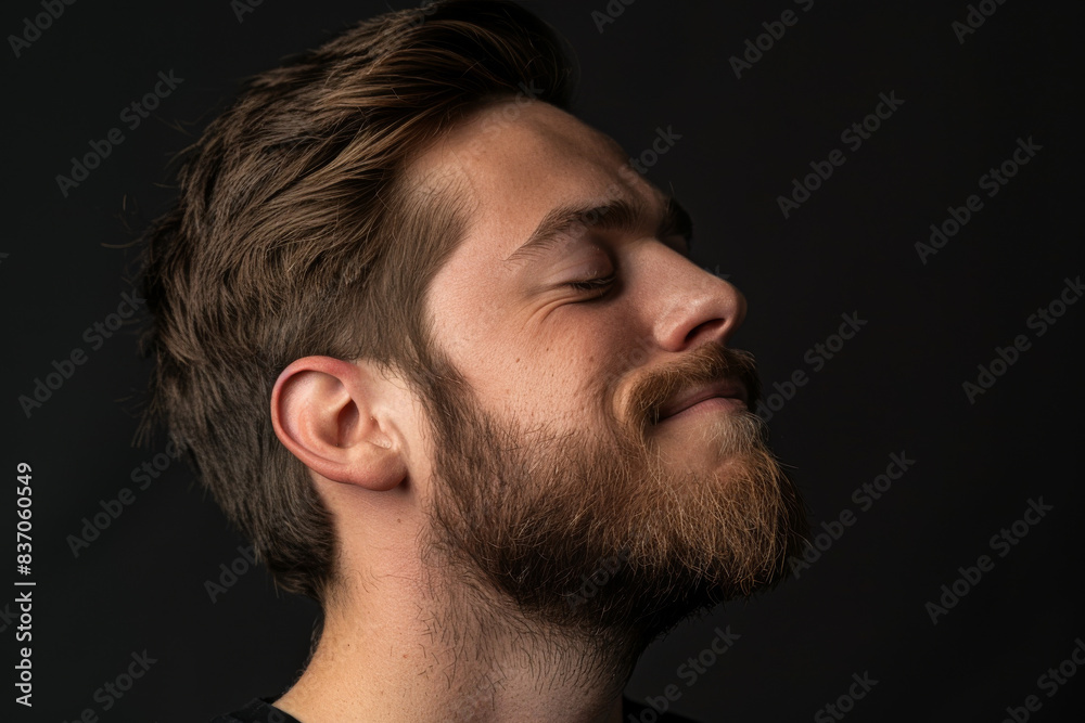 Fototapeta premium A close up of a man with beard and closed eyes looking to a side
