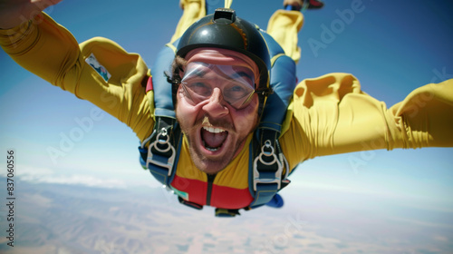 A man is jumping out of a plane with a parachute