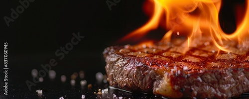 Close-up of a sizzling steak on a grill with flames and salt crystals, showcasing the cooking process and succulent texture of the meat.