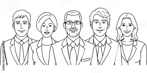 A group of five smiling individuals with clean lines that give a professional look to business attire. They are seen from the waist up, with men wearing ties and women in a blazer-like style.AI genera