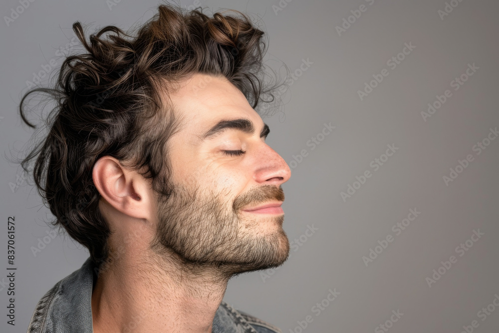 Obraz premium A close up of a man with beard and closed eyes looking to a side