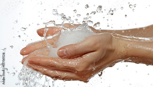 Close-up of hands holding water  showcasing clean and pure refreshment. Perfect for health  hygiene  and wellness themes.