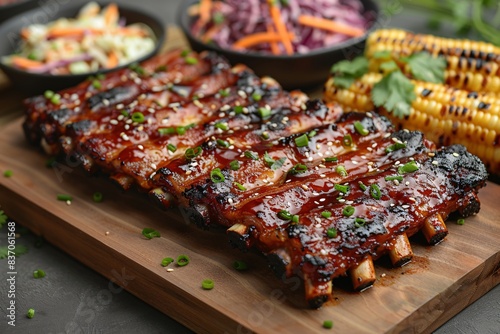 A close-up of barbecue ribs set on a wooden serving board with a side of coleslaw and a few charred corn cobs