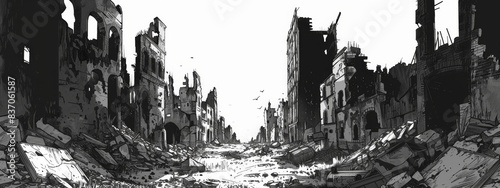 Melancholic Remnants: A Surreal Depiction of an Abandoned Cityscape (4K Wallpaper，Ruins, city, desolation, decadence, ink style, black and white, stylized, depressed economy, old, desolate, 4k high-de